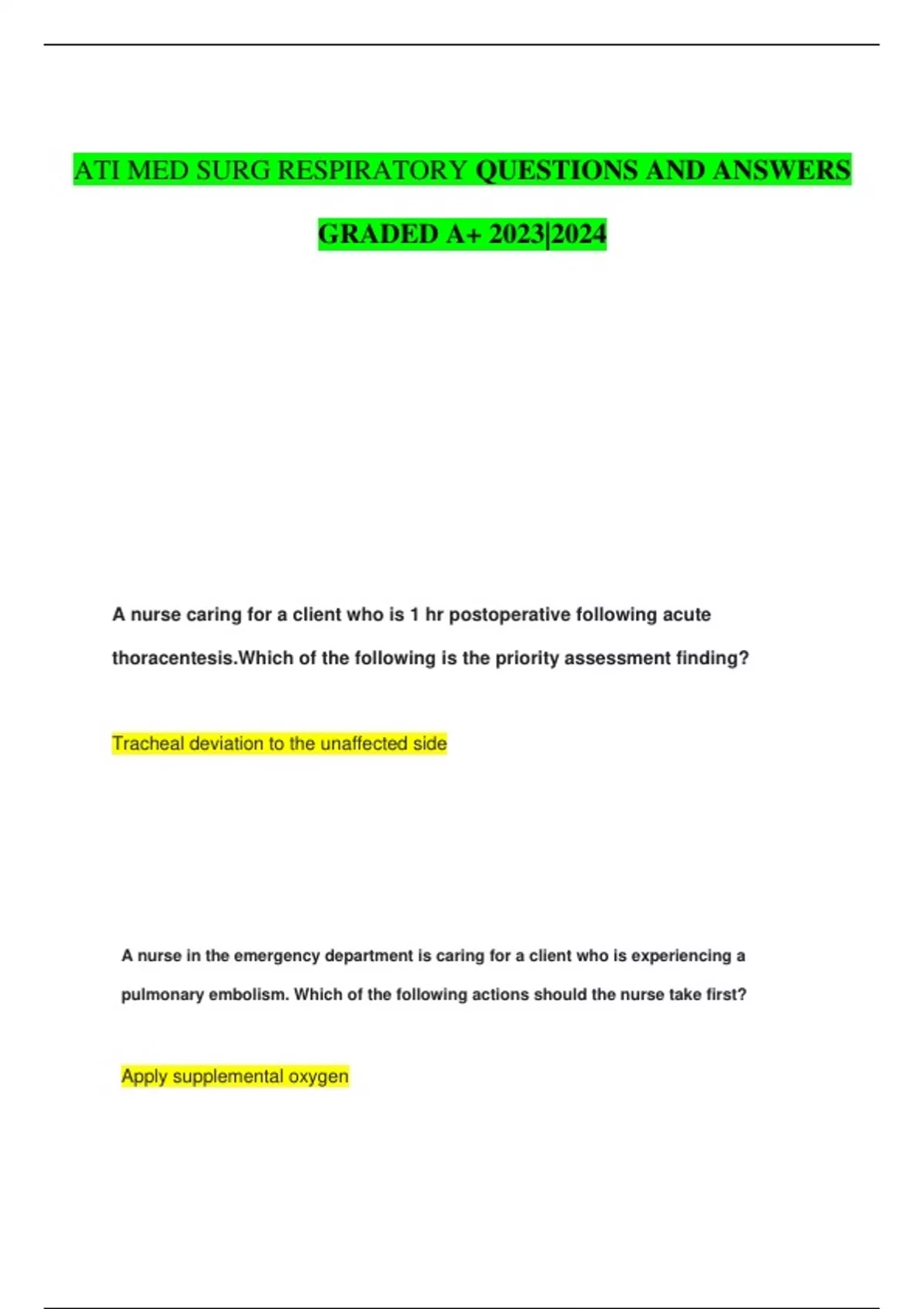 ATI MED SURG RESPIRATORY QUESTIONS AND ANSWERS GRADED A+ 2023|2024 ...
