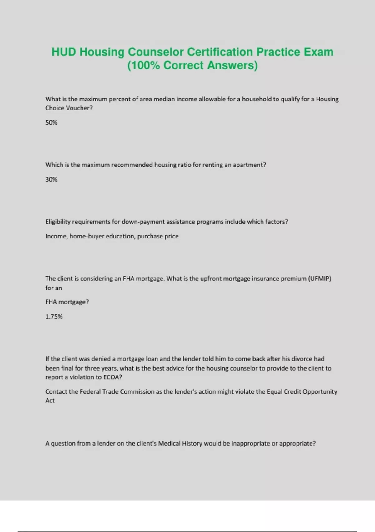 HUD Housing Counselor Certification Practice Exam (100 Correct Answers