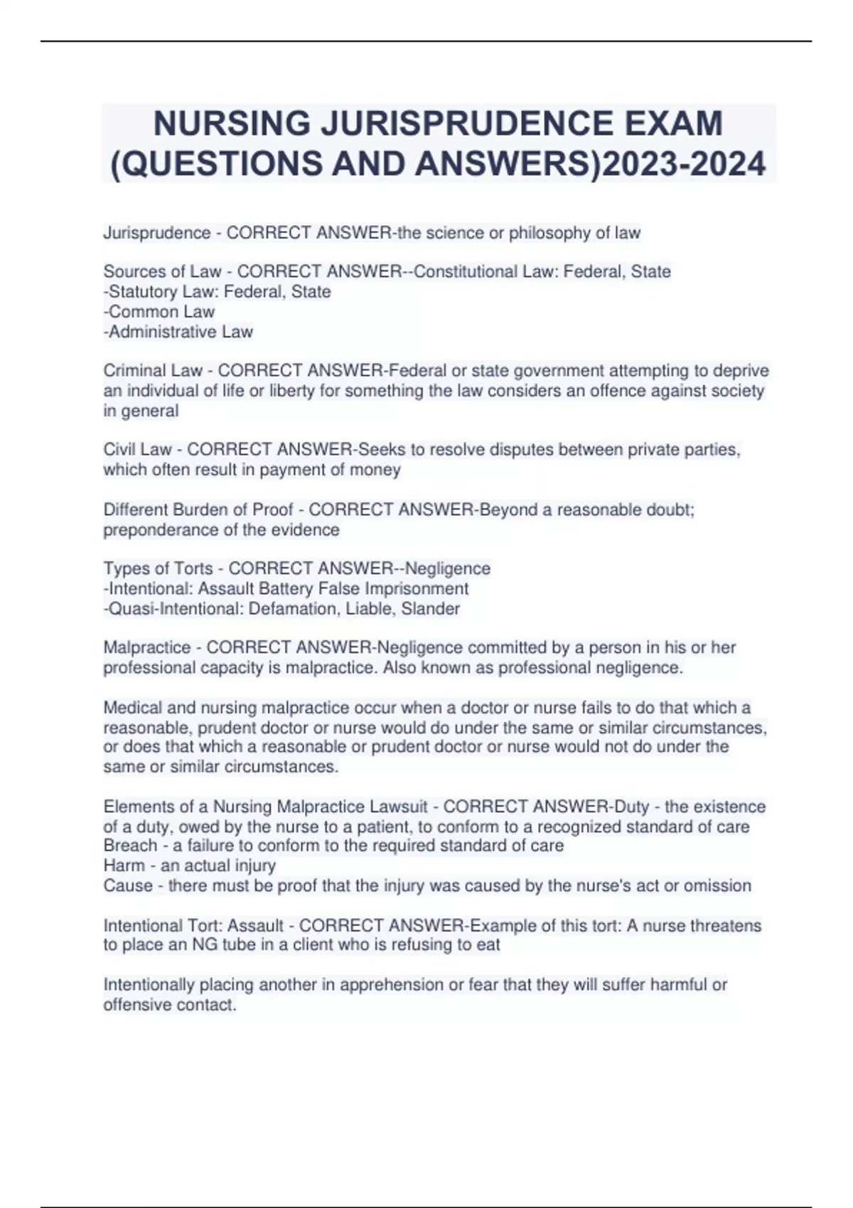 NURSING JURISPRUDENCE EXAM (QUESTIONS AND ANSWERS) Nursing