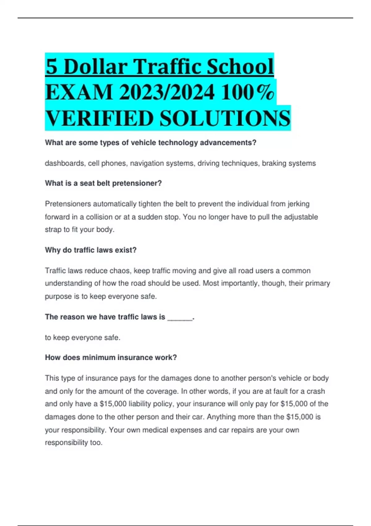 5 Dollar Traffic School EXAM 2023 2024 100 VERIFIED SOLUTIONS 5 5 dollar traffic school exam 2023 2024 100 verified solutions 5