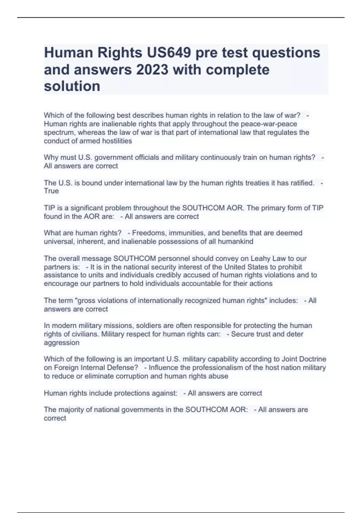 Human Rights Awareness Answers Human Rights US649 pre test questions and answers 2023 with complete ...