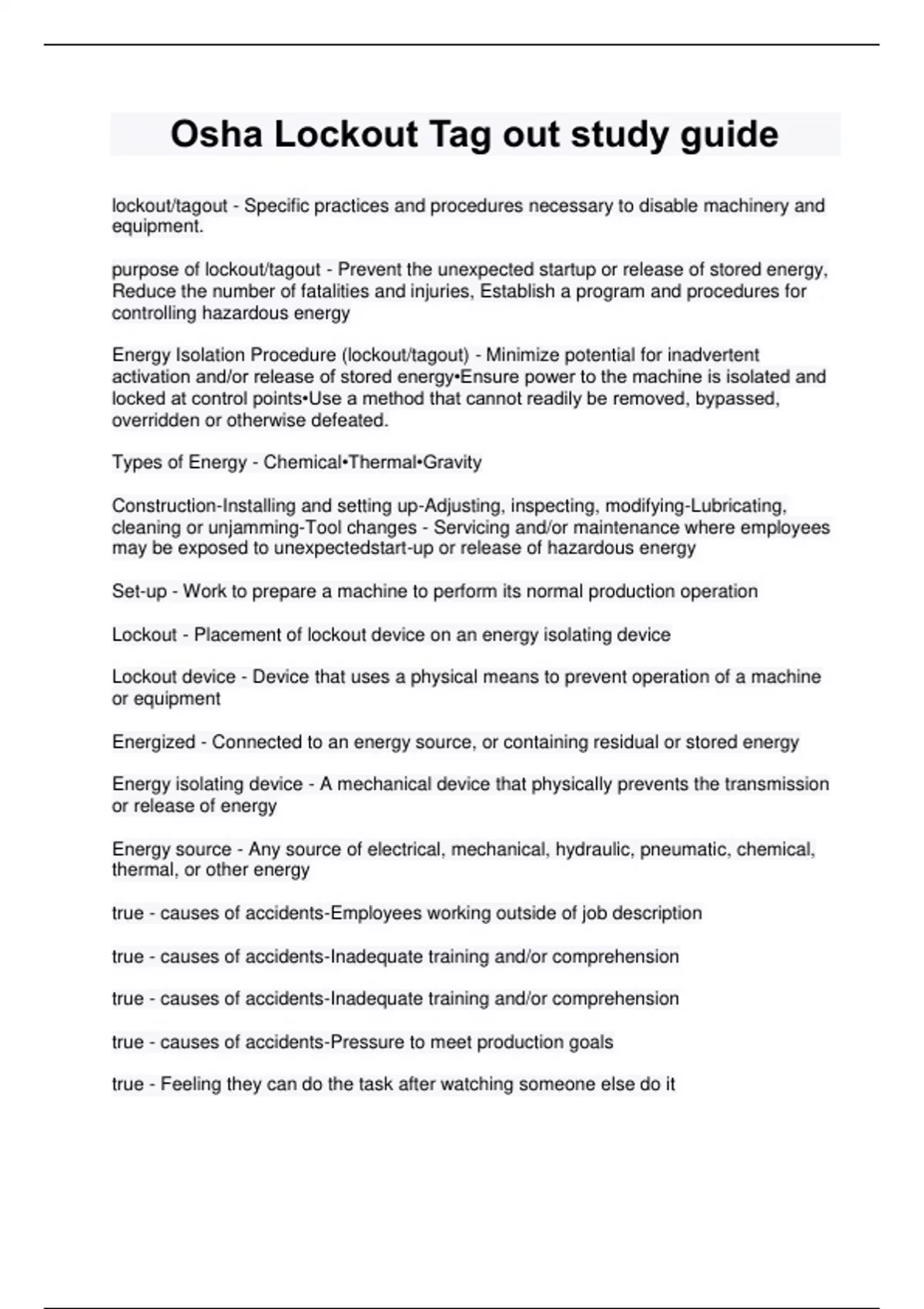 Osha Lockout Tag out study guide - Osha Lockout Tag - Stuvia US