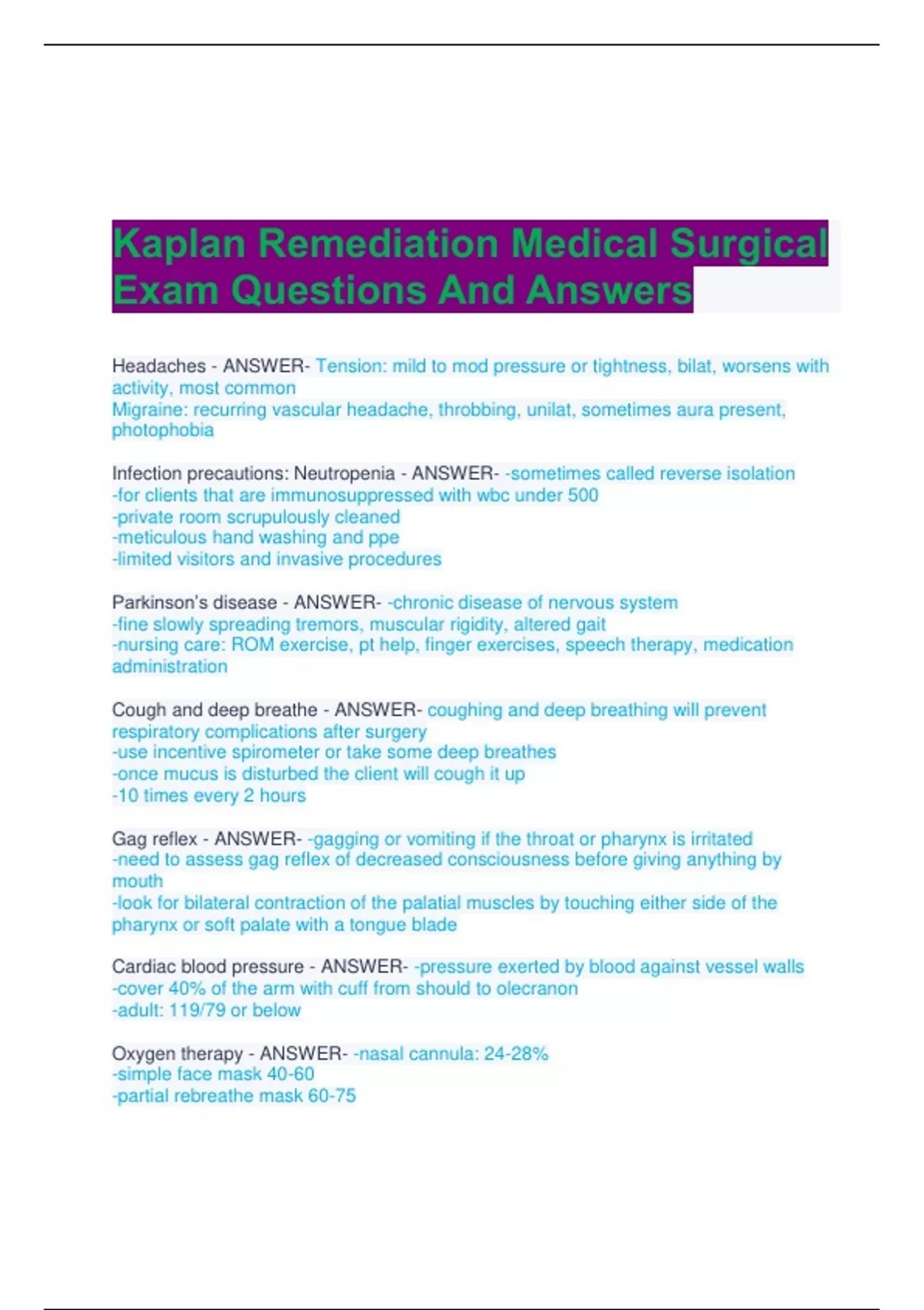 Kaplan Remediation Medical Surgical Exam Questions And Answers Stuvia US