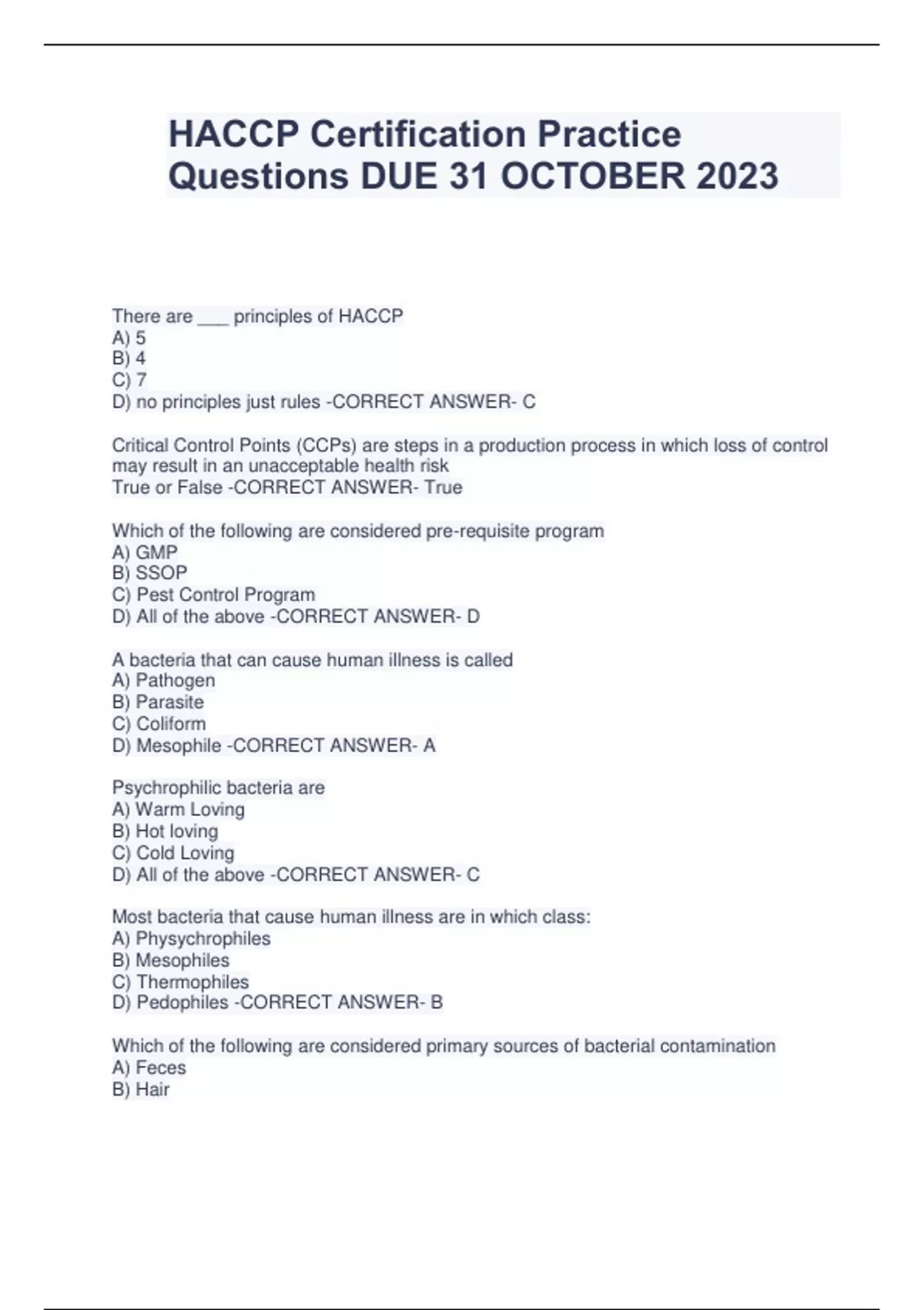 HACCP Certification Practice Questions DUE 31 OCTOBER 2023 Stuvia US