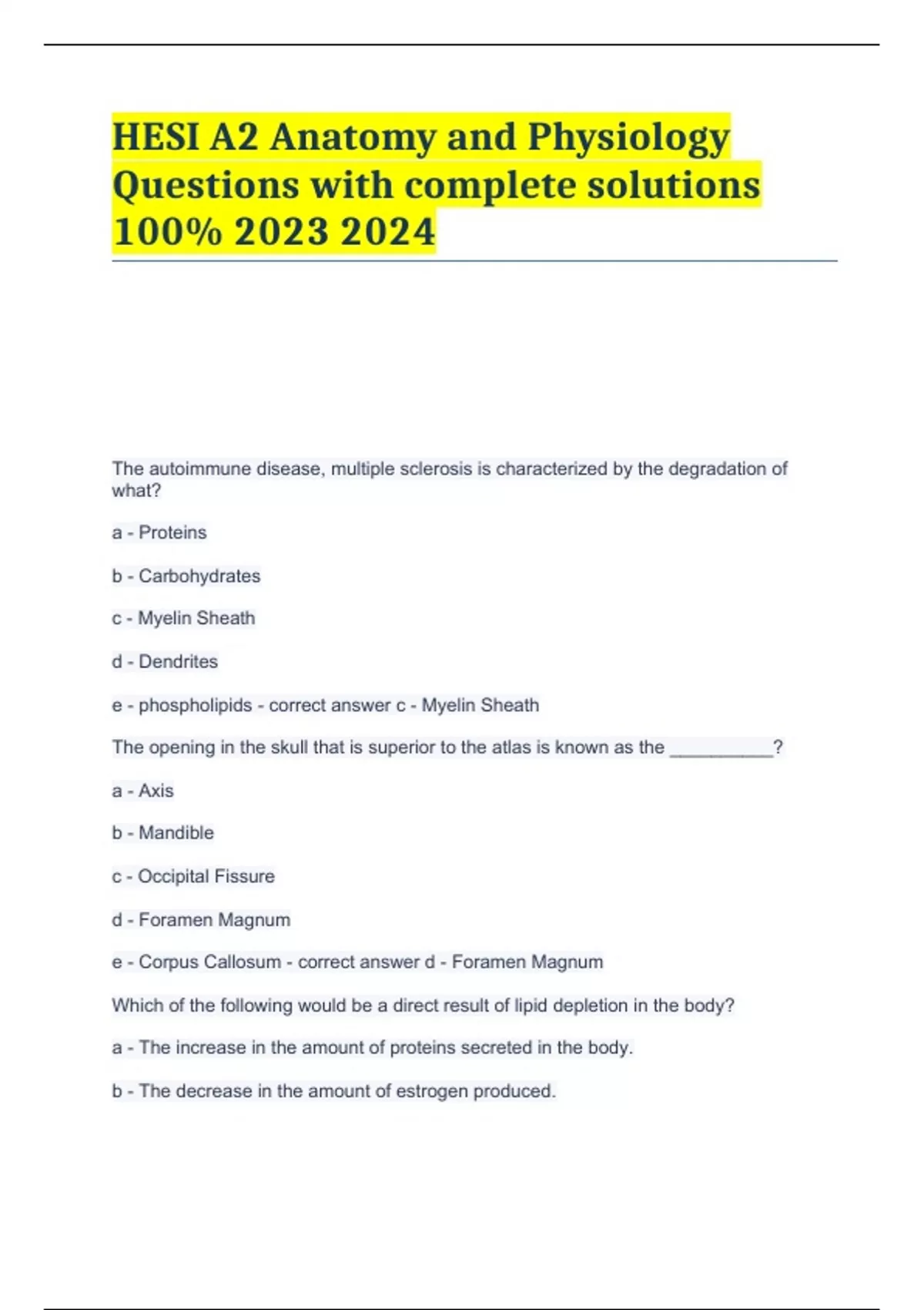 Hesi a2 anatomy and physiology questions with complete solutions 100 