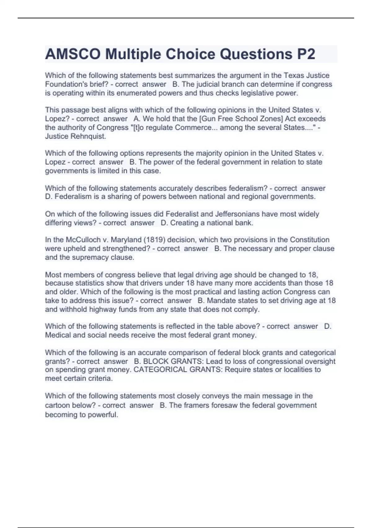 AMSCO Multiple Choice Questions P2 Question and answers rated A+ 2023/ ...