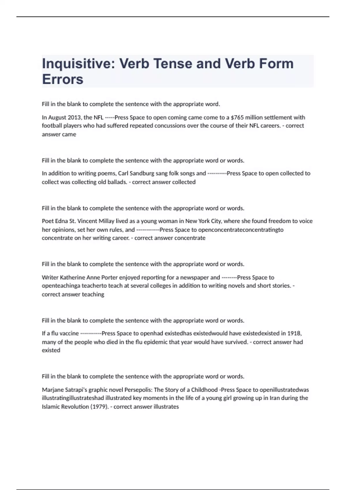 Inquizitive Verb Tense and Verb Form Errors fully solved graded A+ 2023/2024 EDPNA Stuvia US