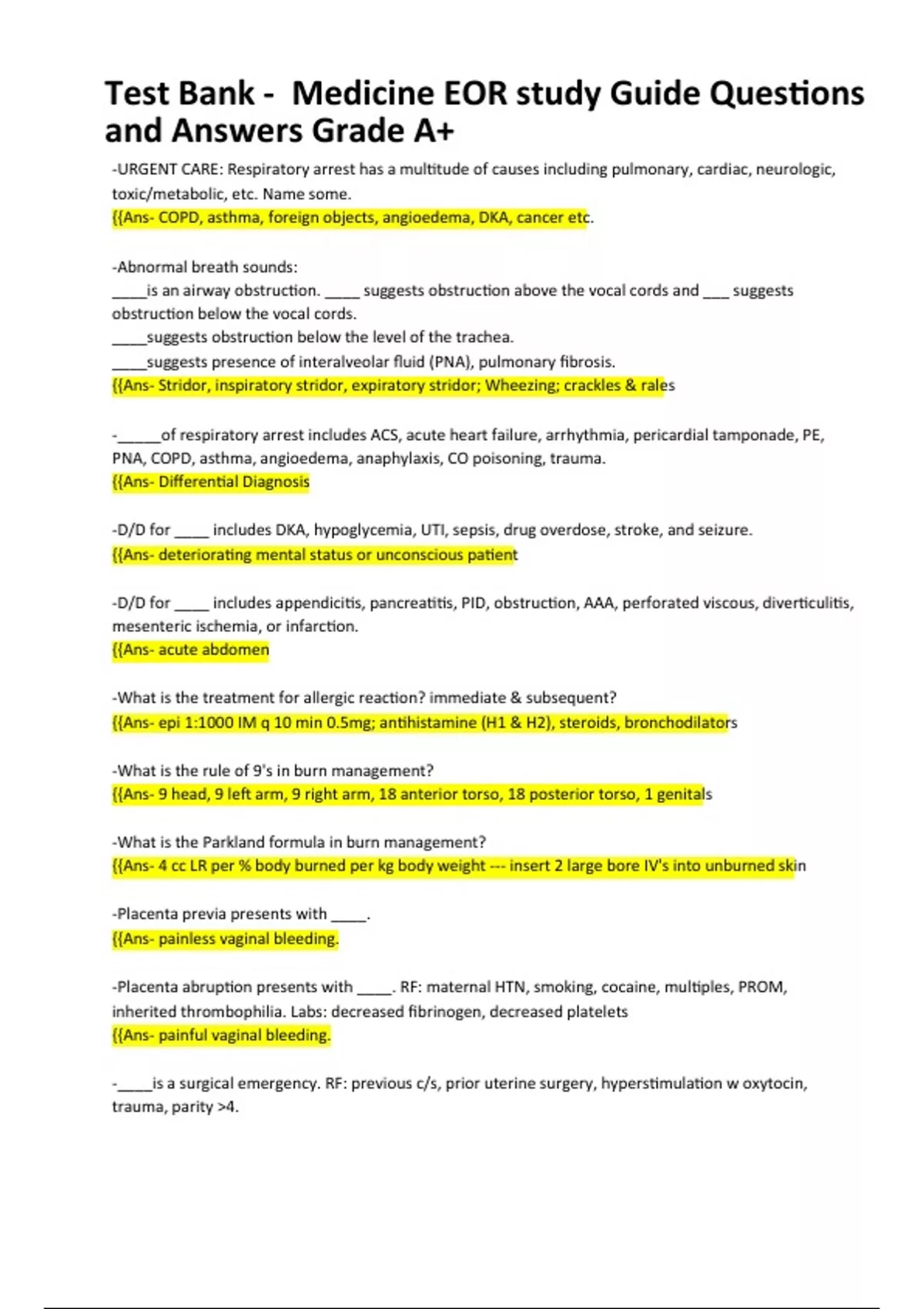 Test Bank Medicine EOR study Guide Questions and Answers Grade