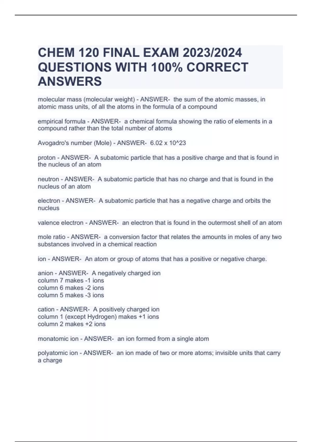 CHEM 120 FINAL EXAM 2023/2024 QUESTIONS WITH 100% CORRECT ANSWERS ...