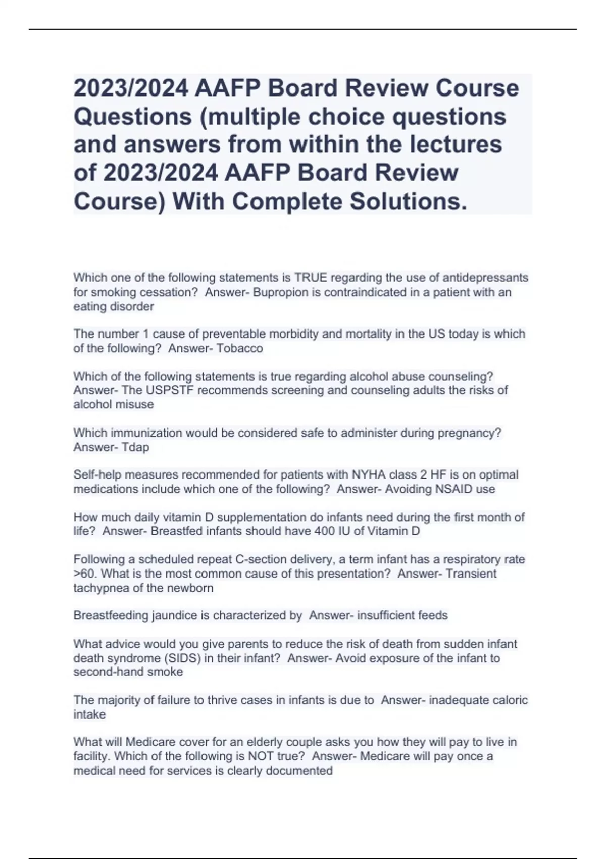 2023/2024 AAFP Board Review Course Questions (multiple choice questions