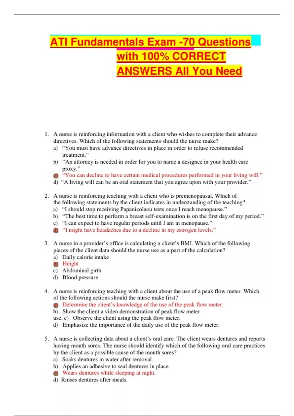 ATI Fundamentals Exam -70 Questions with 100% CORRECT ANSWERS All You ...
