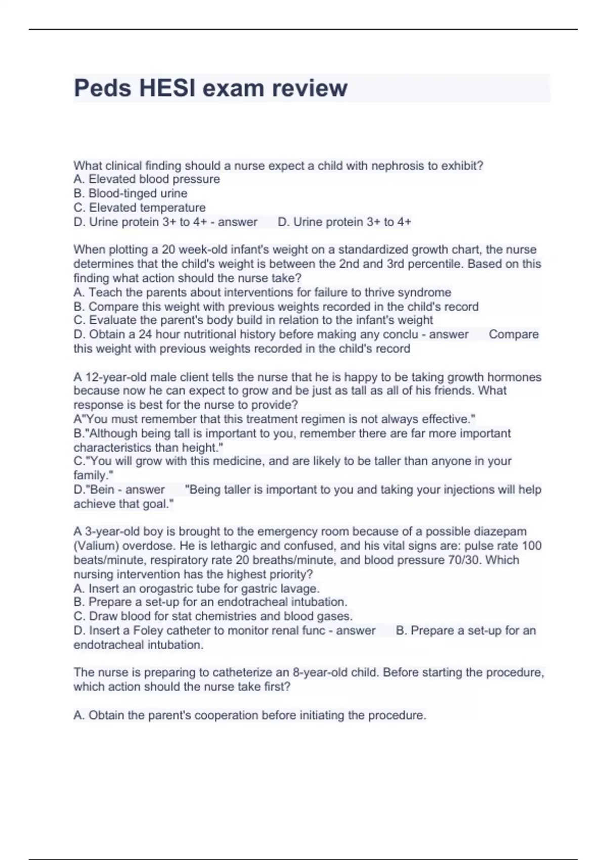 Peds HESI exam review Questions with correct Answers 2023 - Hesi pedi ...