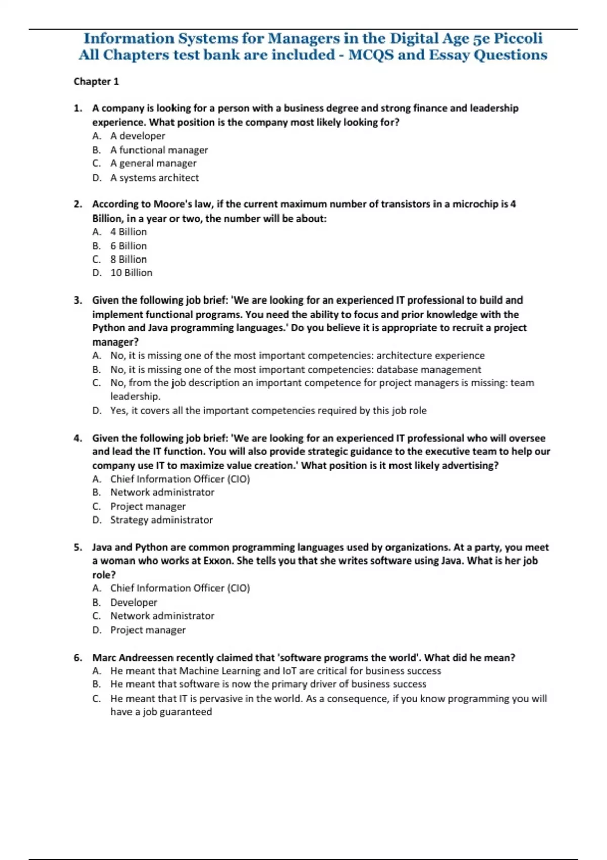 Test Bank for Information Systems for Managers in the Digital Age, 5th ...