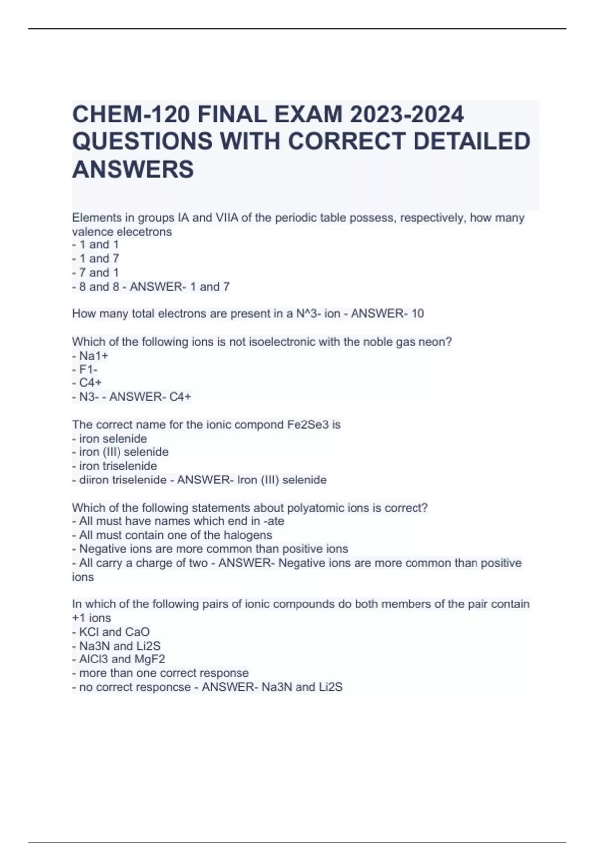 CHEM-120 FINAL EXAM QUESTIONS WITH CORRECT DETAILED ANSWERS - CHEM 120 ...