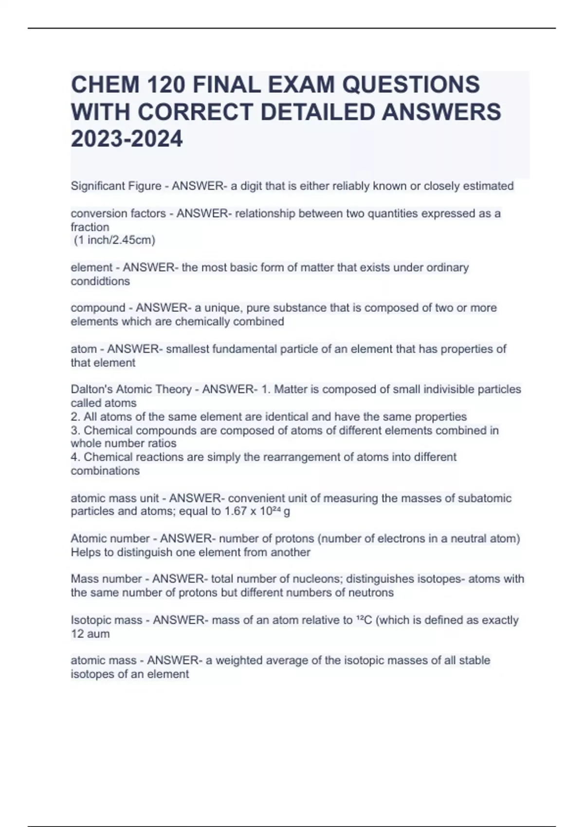 CHEM 120 FINAL EXAM QUESTIONS WITH CORRECT DETAILED ANSWERS - CHEM 120 ...