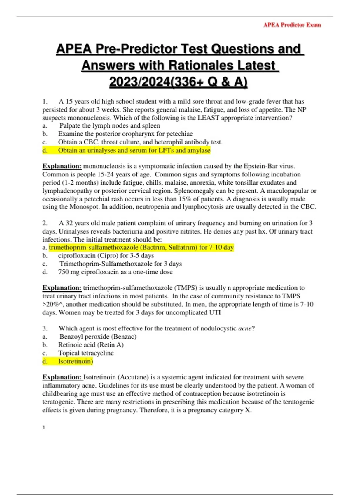 APEA Pre-Predictor Test Questions and Answers with Rationales Latest ...