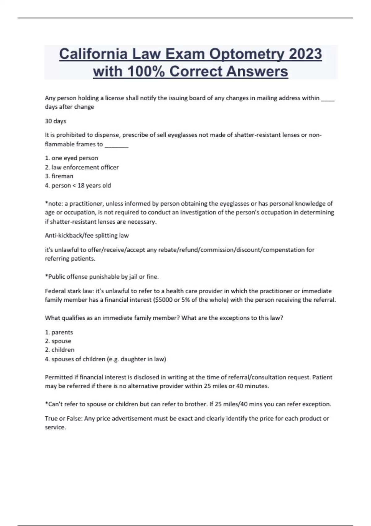 California Law Exam Optometry 2023 with 100 Correct Answers