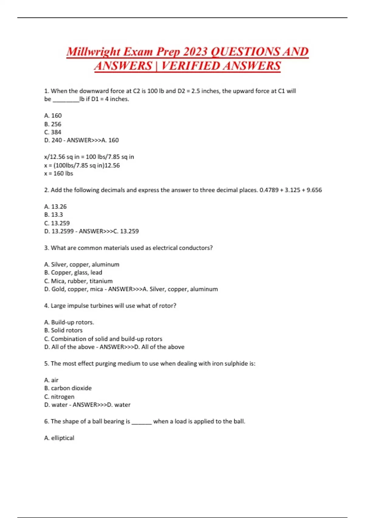 Millwright Exam Prep 2023 QUESTIONS AND ANSWERS VERIFIED ANSWERS