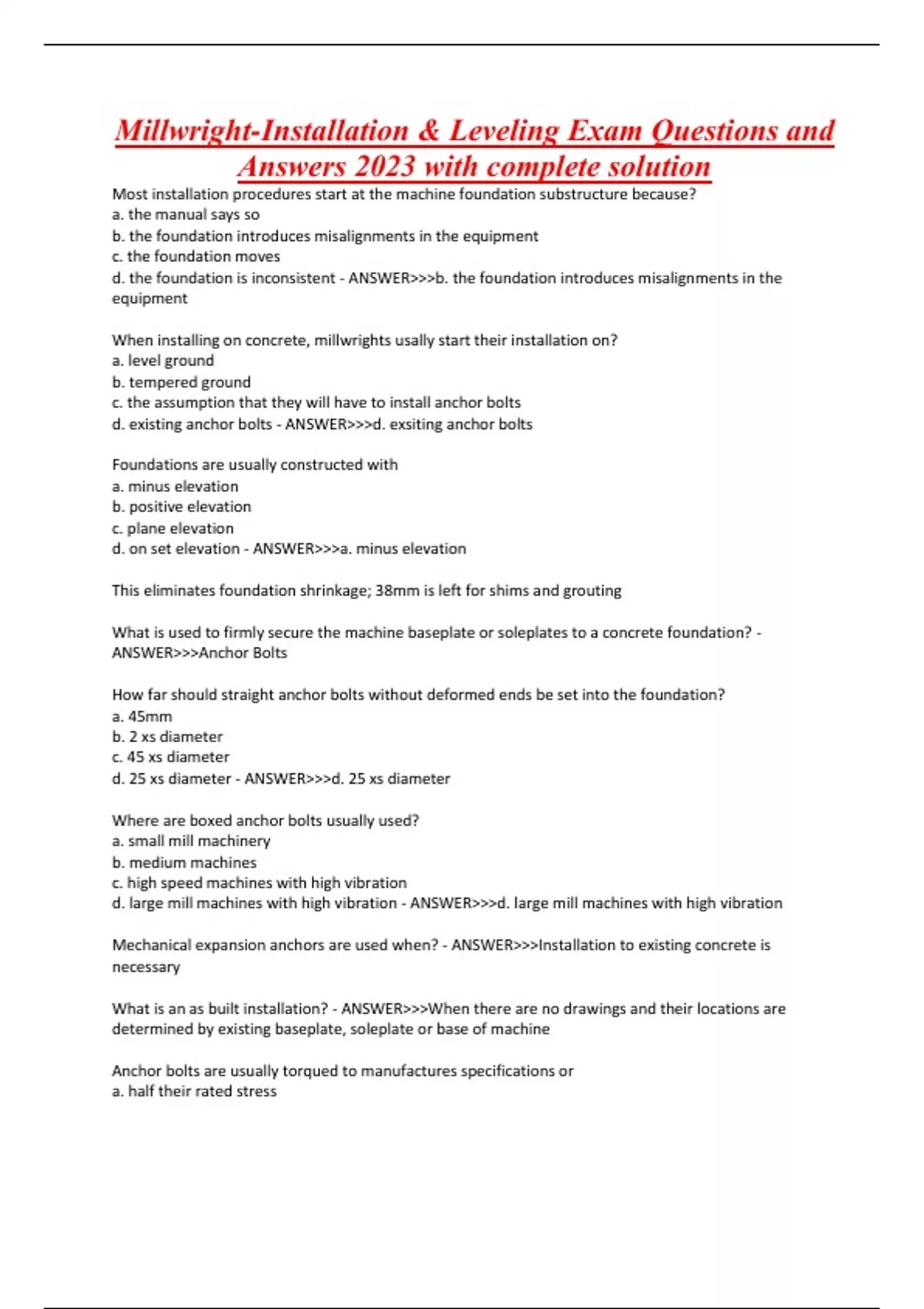 MillwrightInstallation & Levelling Exam Questions and Answers 2023