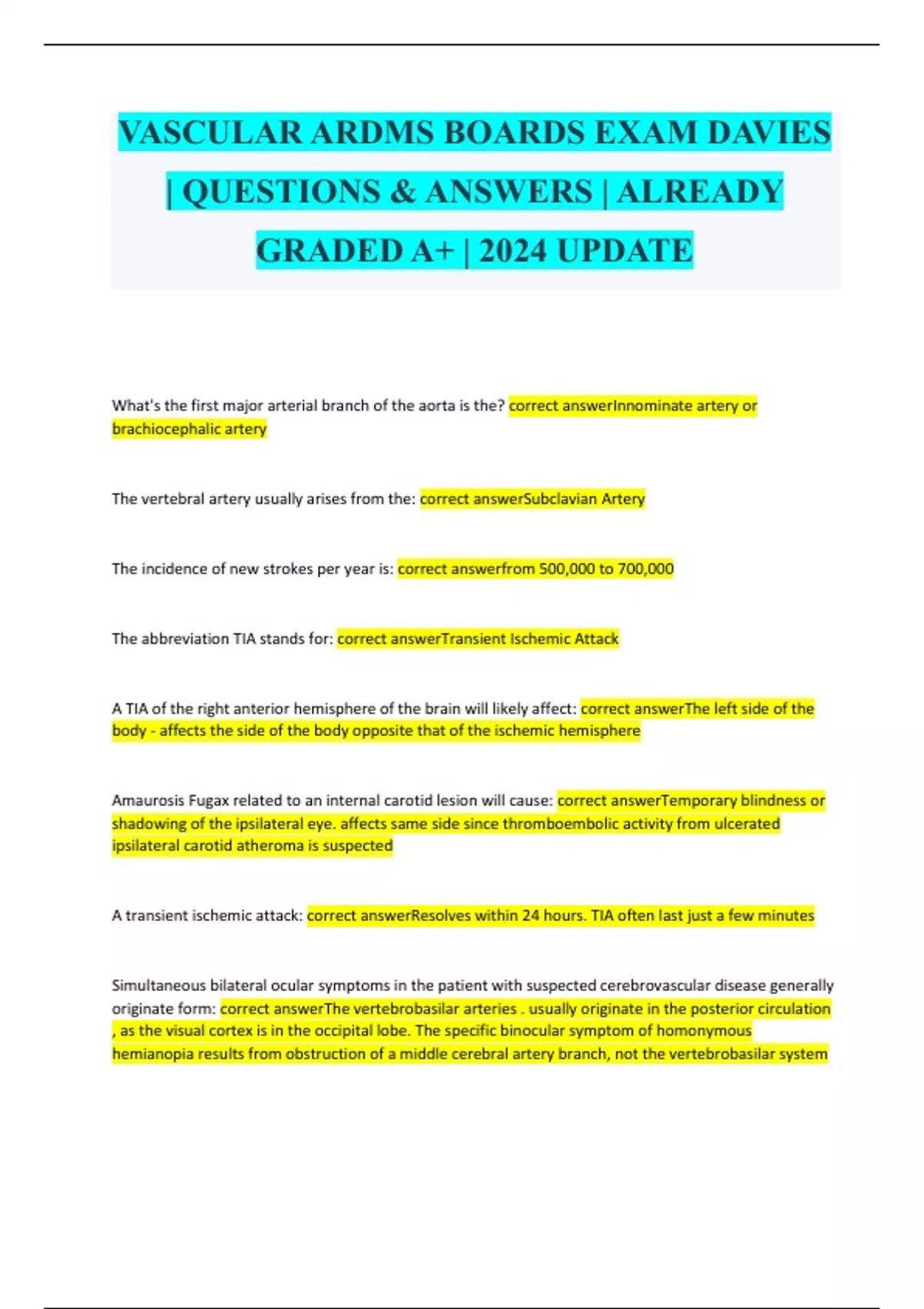 VASCULAR ARDMS BOARDS EXAM DAVIES QUESTIONS & ANSWERS ALREADY