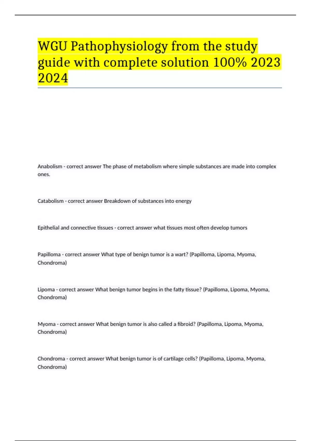 WGU Pathophysiology from the study guide with complete solution 100% ...