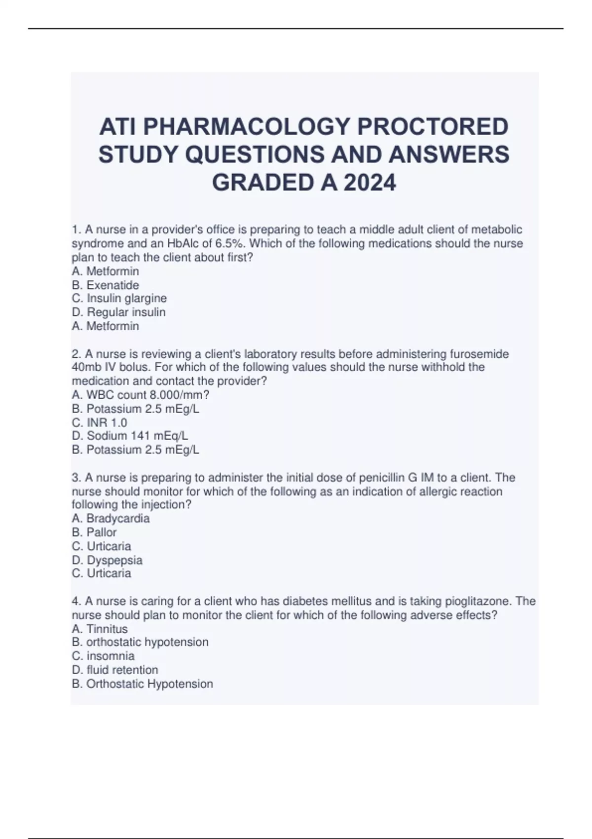 ATI PHARMACOLOGY PROCTORED STUDY QUESTIONS AND ANSWERS GRADED A 2024 ...