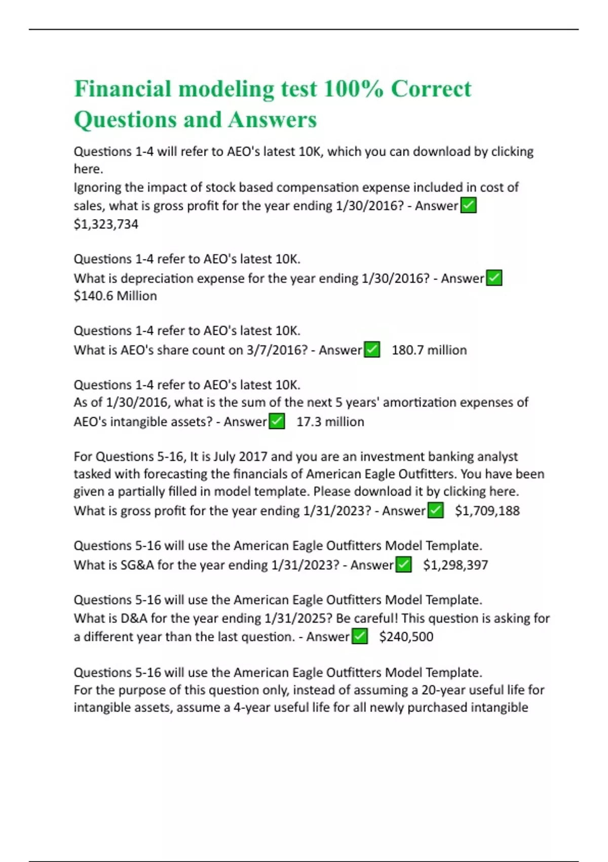 Financial modeling test 100% Correct Questions and Answers - Wall ...