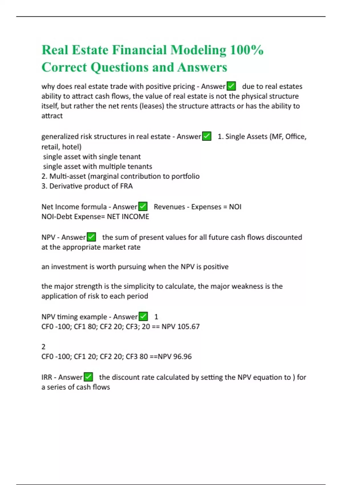 Real Estate Financial Modeling 100% Correct Questions and Answers ...