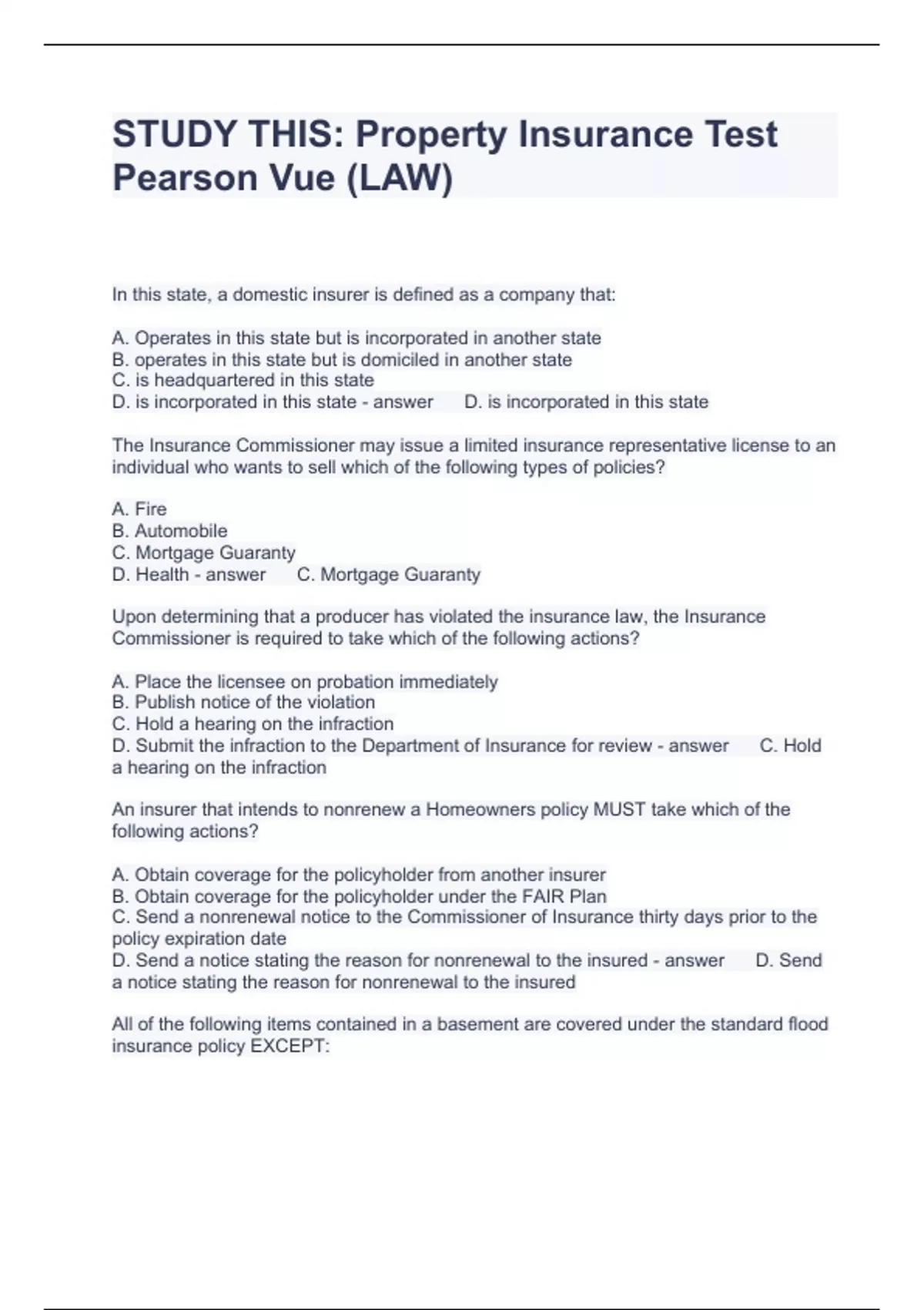 PEARSON VUE INSURANCE TEST EXAM FULLY SOLVED 2023 - Stuvia US