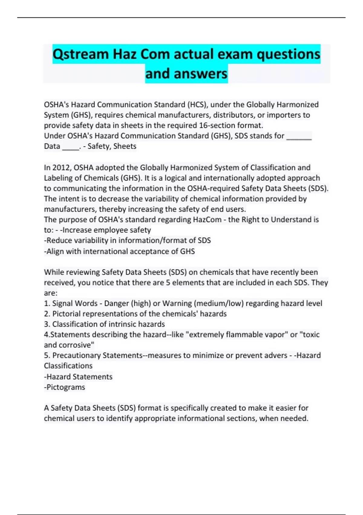 Qstream Question. Visual Qstream Haz Com actual exam questions and answers - Hazard ...
