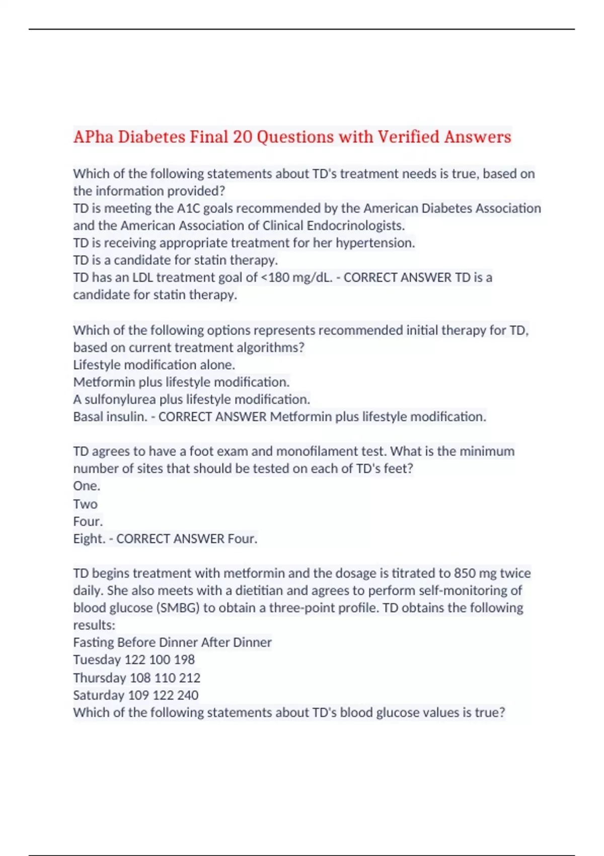 APha Diabetes Final 20 Questions with Verified Answers,100% CORRECT ...