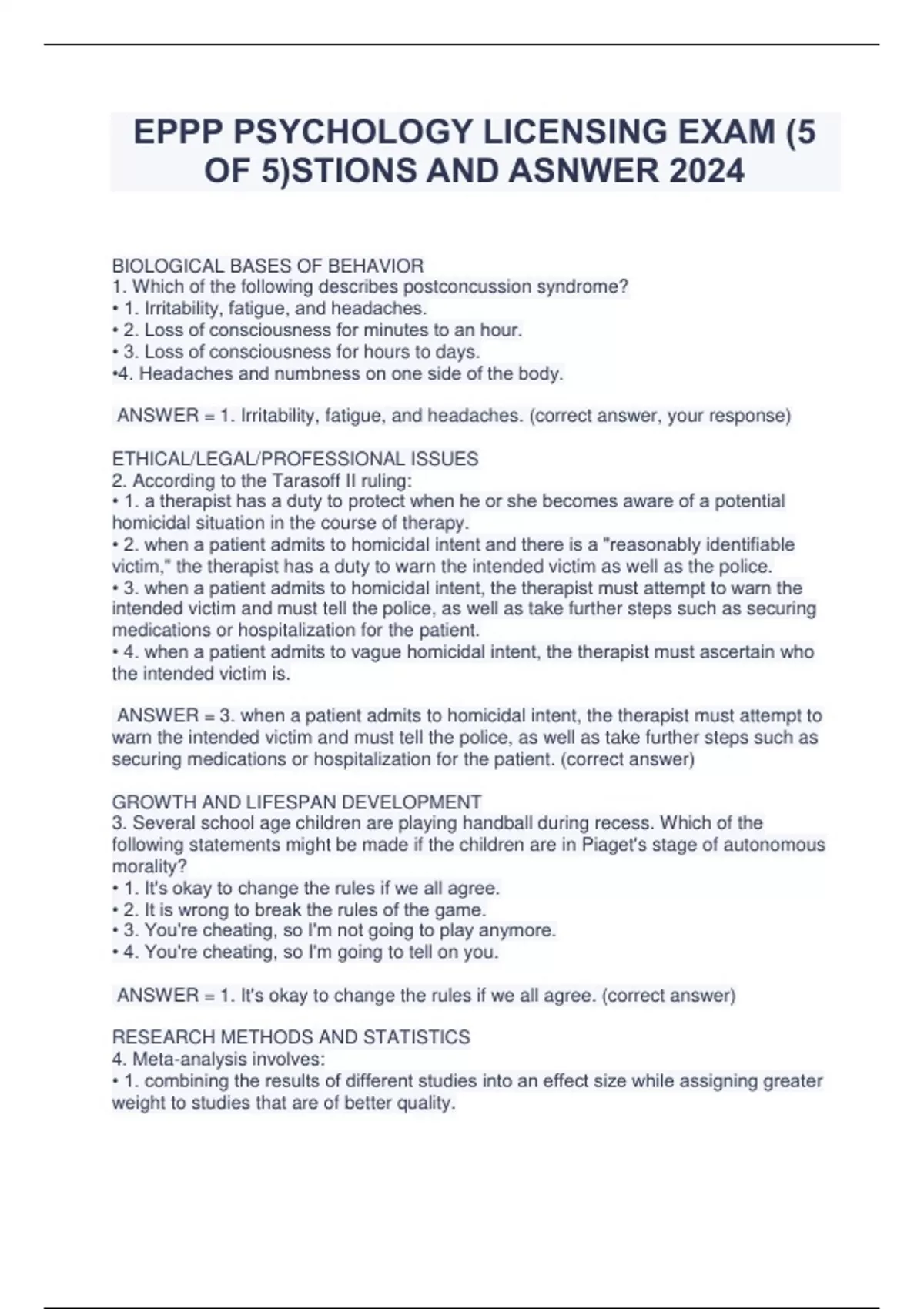 EPPP PSYCHOLOGY LICENSING EXAM (5 OF 5)QUESTIONS AND ASNWER 2024 EPPP