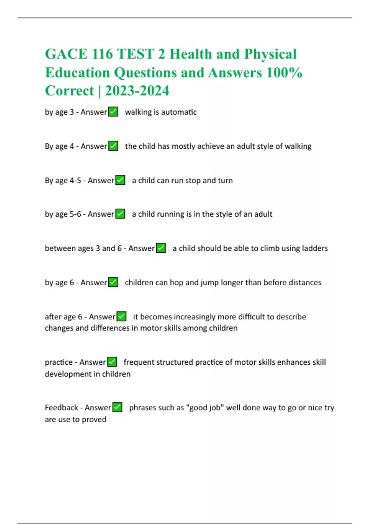 GACE 116 TEST 2 Health and Physical Education Questions and Answers 100