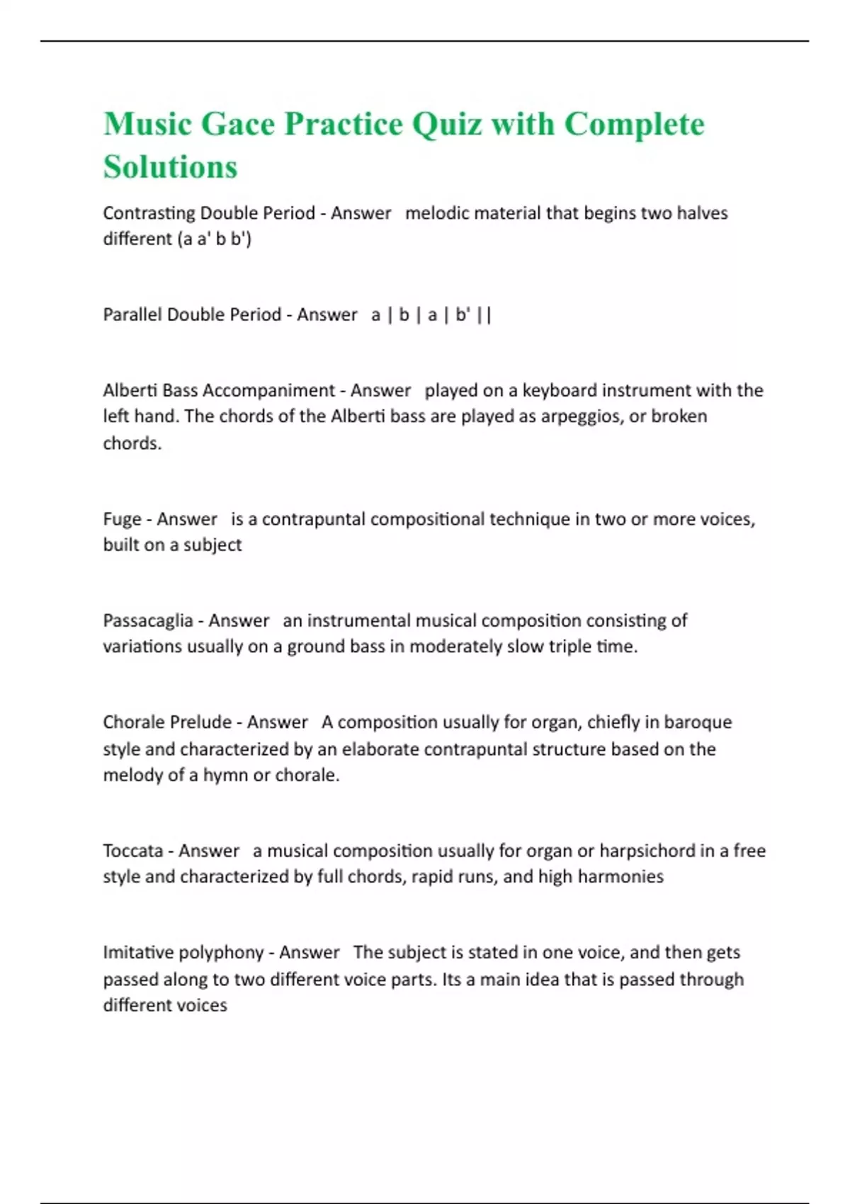 Music Gace Practice Quiz with Complete Solutions - Music Gace - Stuvia US