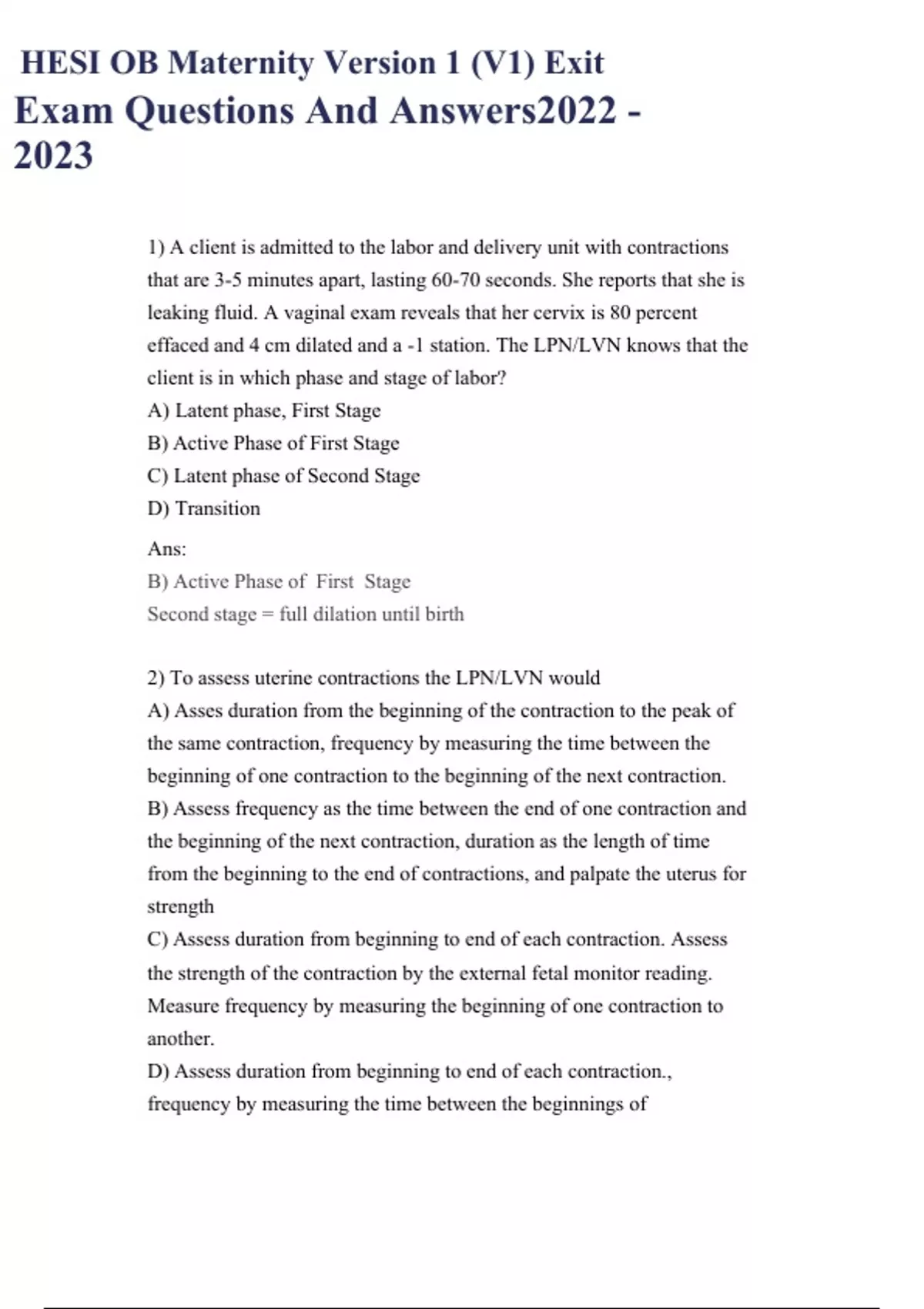 HESI OB Maternity Version 1 (V1) Exit Exam Questions And Answers - HESI ...