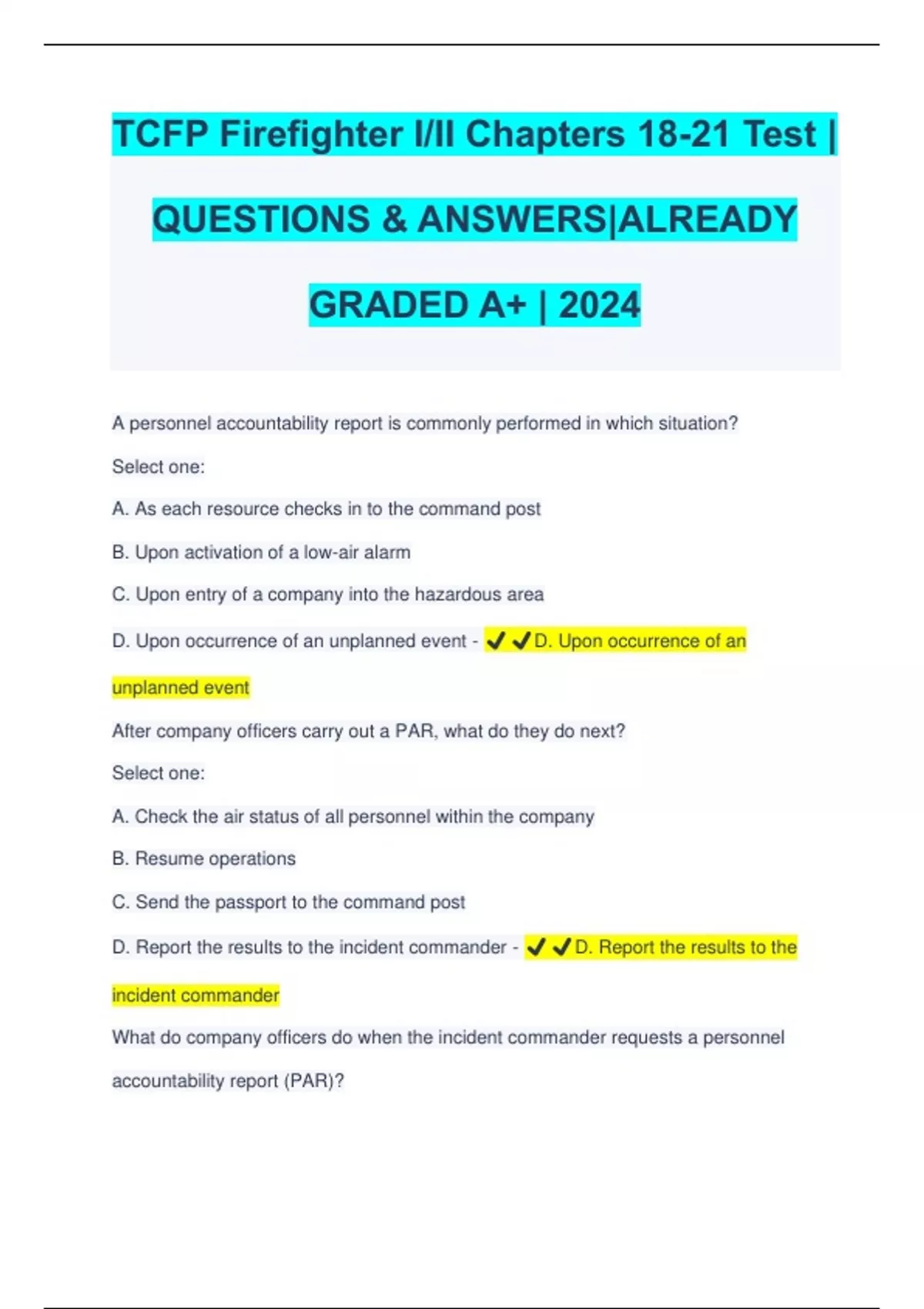 TCFP Firefighter I/II Chapters 18-21 Test | QUESTIONS & ANSWERS|ALREADY ...