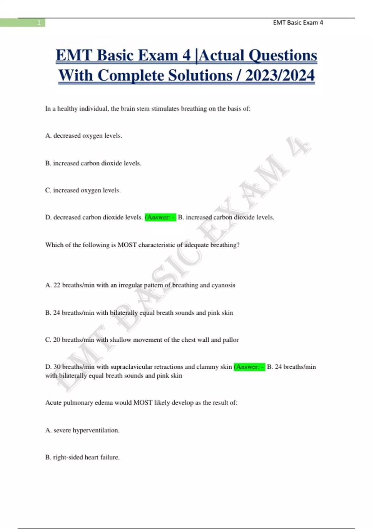 EMT Basic Exam 4 |Actual Questions With Complete Solutions / 2023/2024 ...