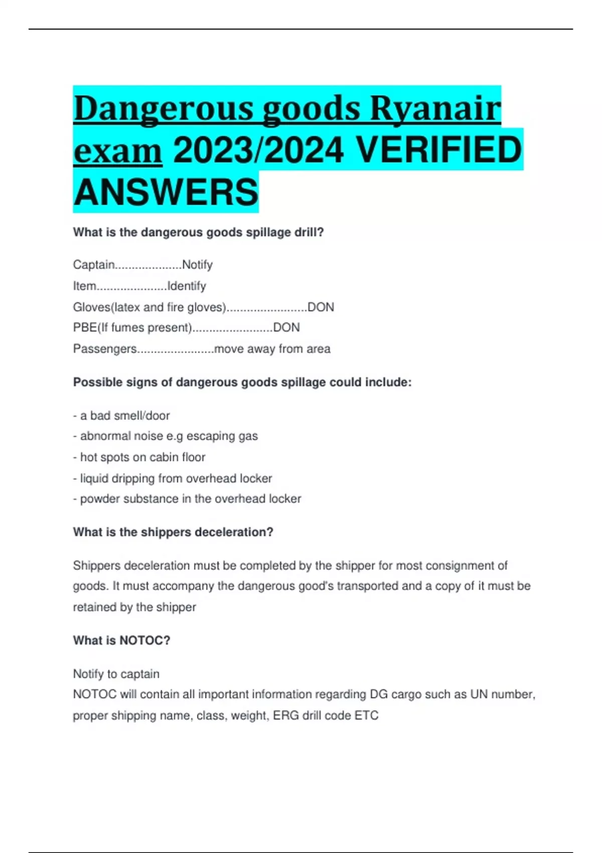 Dangerous goods Ryanair exam 2023/2024 VERIFIED ANSWERS Dangerous