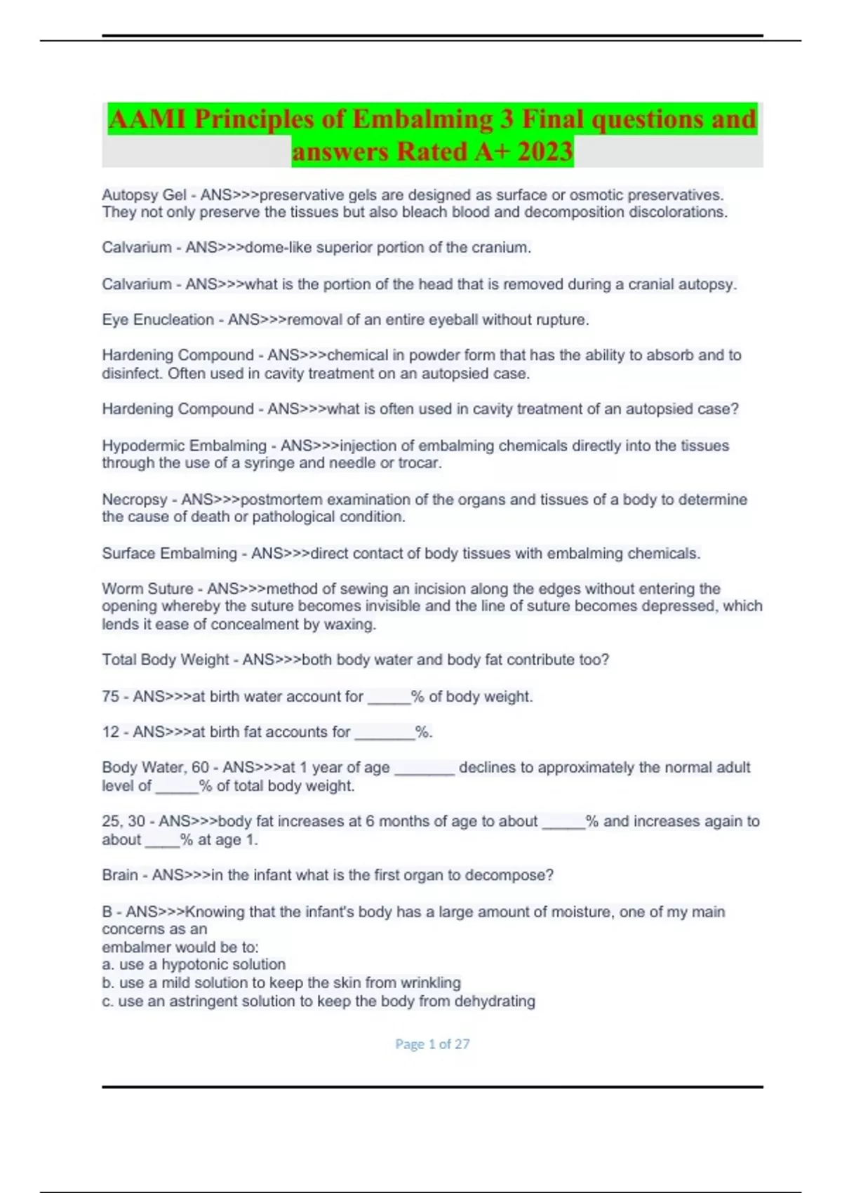 AAMI Principles of Embalming 3 Final questions and answers Rated A+