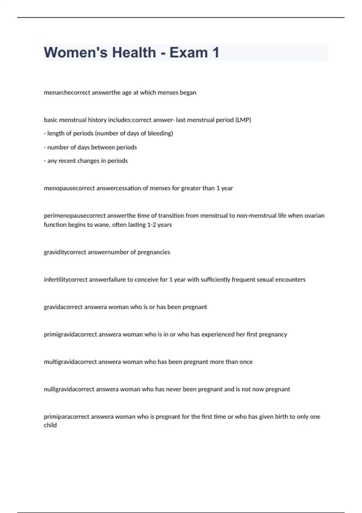 Women's Health - Exam 1 questions with correct answers - OB women ...