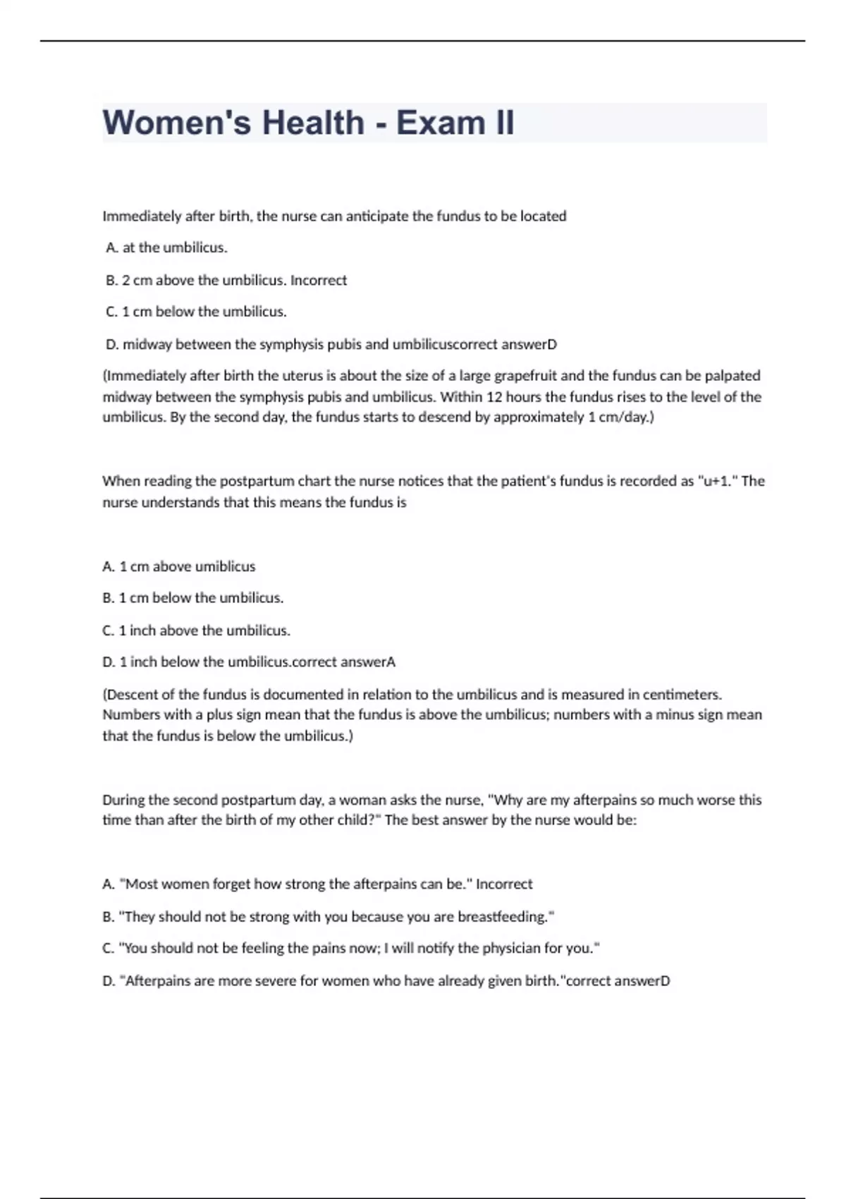 Women's Health - Exam II questions with correct answers - Women\'s ...
