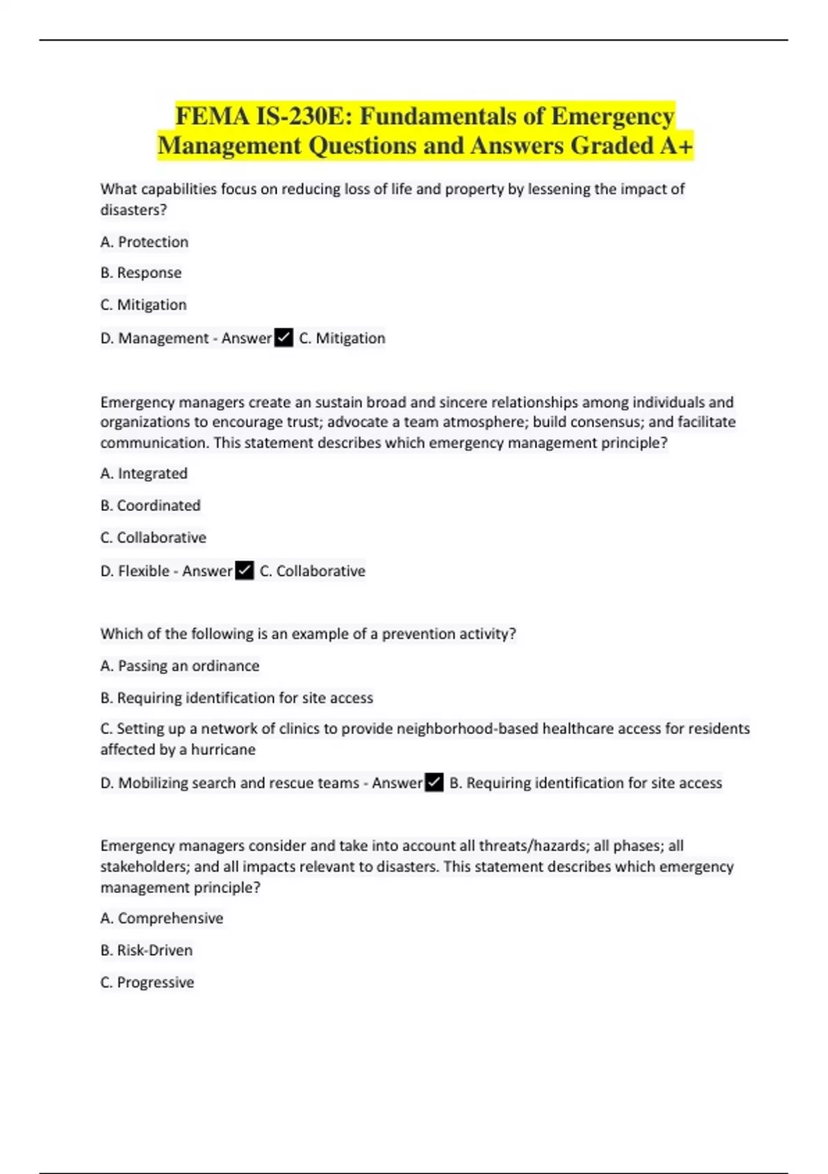 FEMA IS-230E: Fundamentals of Emergency Management Questions and ...