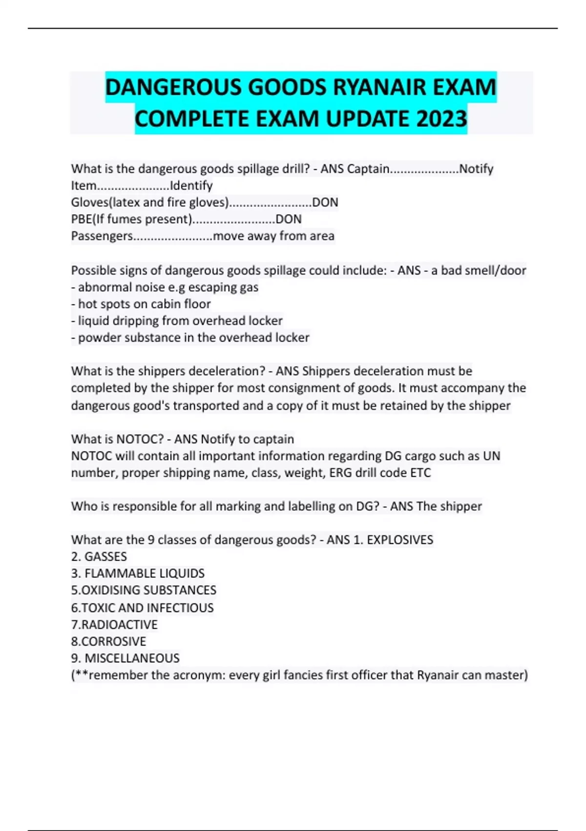 DANGEROUS GOODS RYANAIR EXAM COMPLETE EXAM UPDATE 2023 DANGEROUS