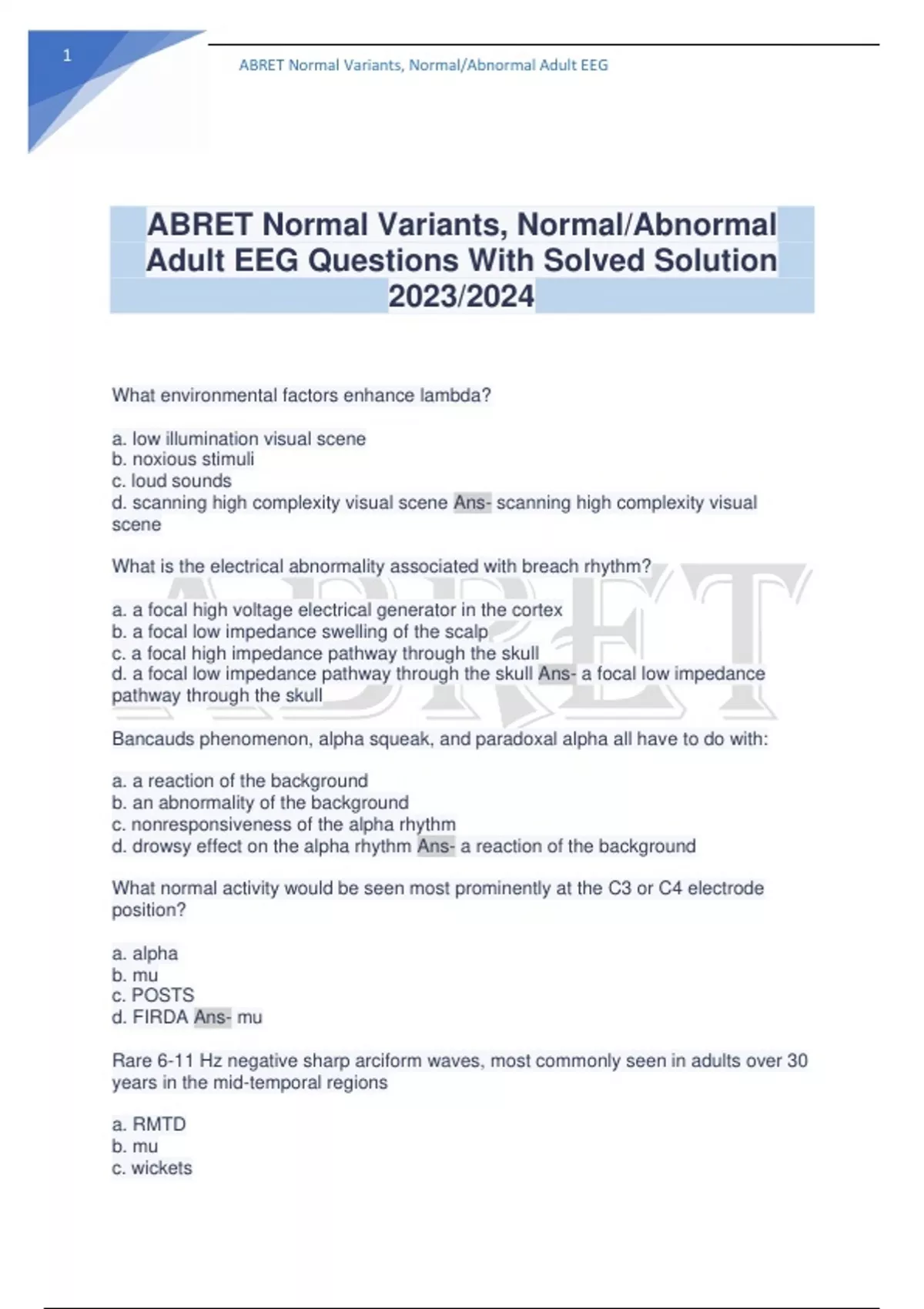 ABRET Normal Variants, Normal/Abnormal Adult EEG Questions With Solved