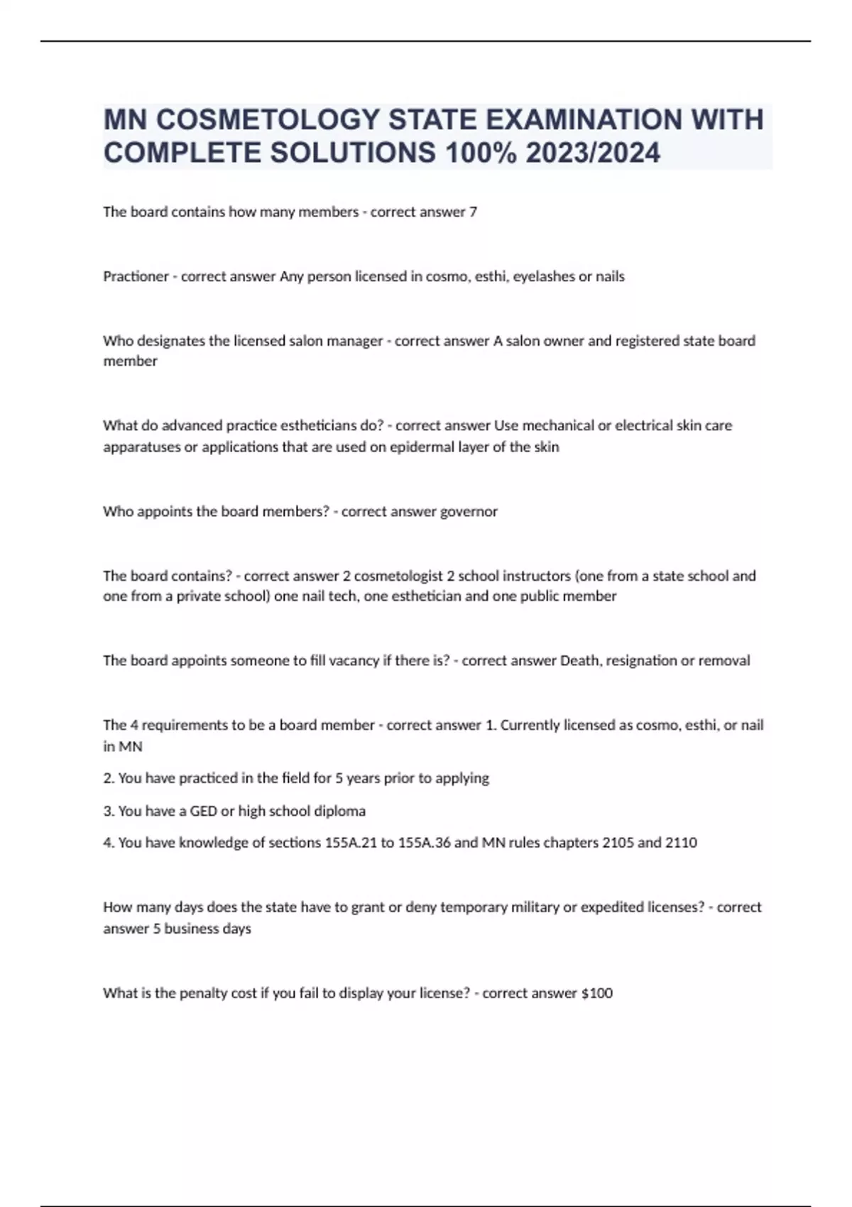 MN COSMETOLOGY STATE LAWS & RULES WITH COMPLETE SOLUTIONS 100 2023/