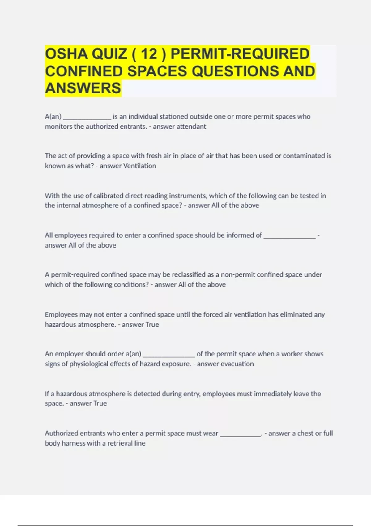 OSHA QUIZ ( 12 ) PERMITREQUIRED CONFINED SPACES QUESTIONS AND ANSWERS