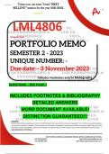 LML4806 PORTFOLIO MEMO - OCT./NOV. 2023 - SEMESTER 2 - UNISA  - DUE 3 NOVEMBER 2023 - DETAILED ANSWERS WITH FOOTNOTES & BIBLIOGRAPHY- DISTINCTION GUARANTEED! 
