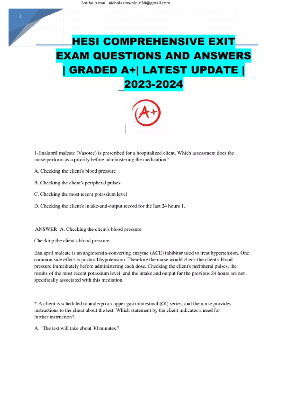 HESI COMPREHENSIVE EXIT EXAM QUESTIONS AND ANSWERS | GRADED A+| LATEST ...
