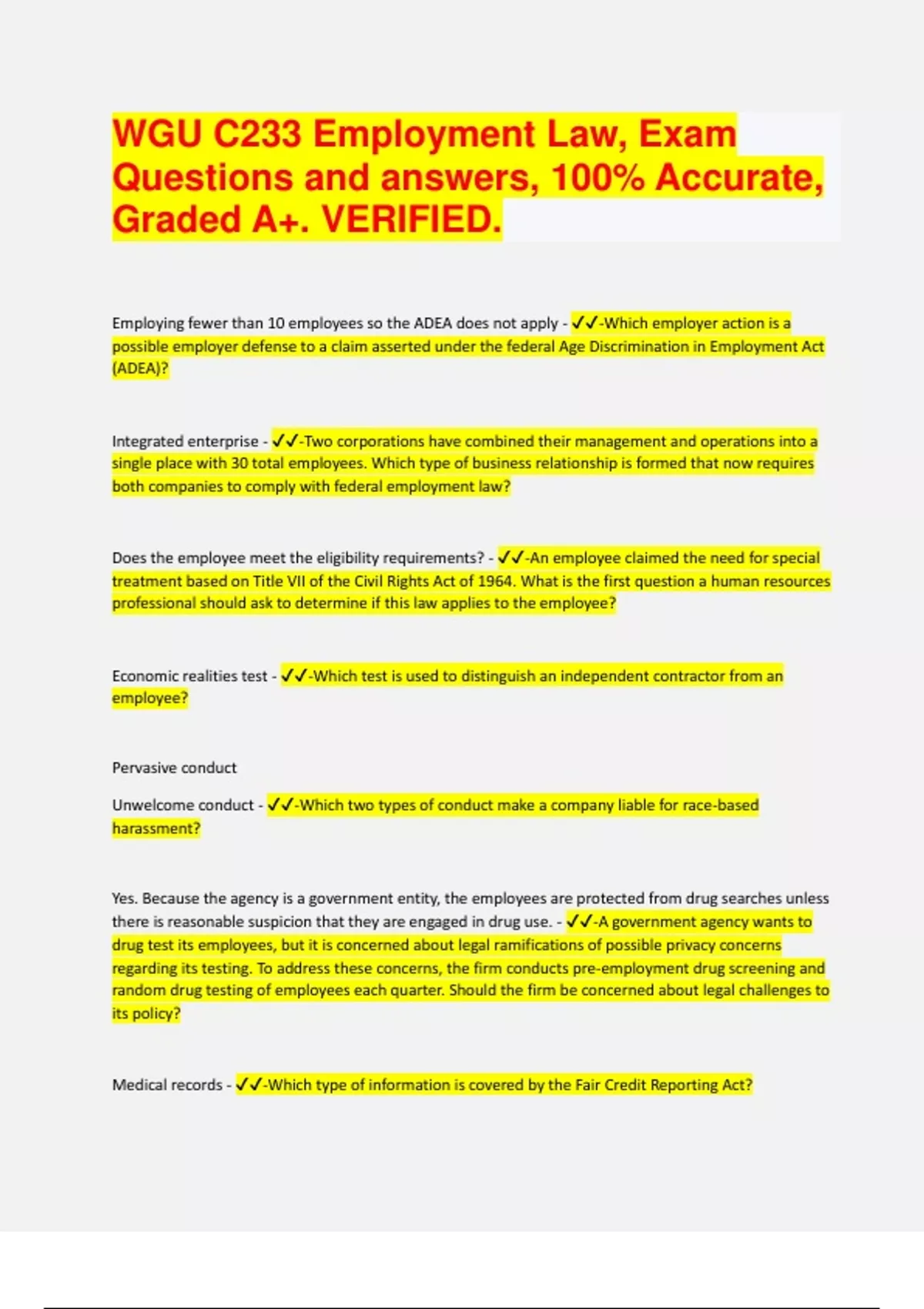 (Top QUALITY 2024/2025 EXAM REVIEW) WGU C233 Employment Law, Exam
