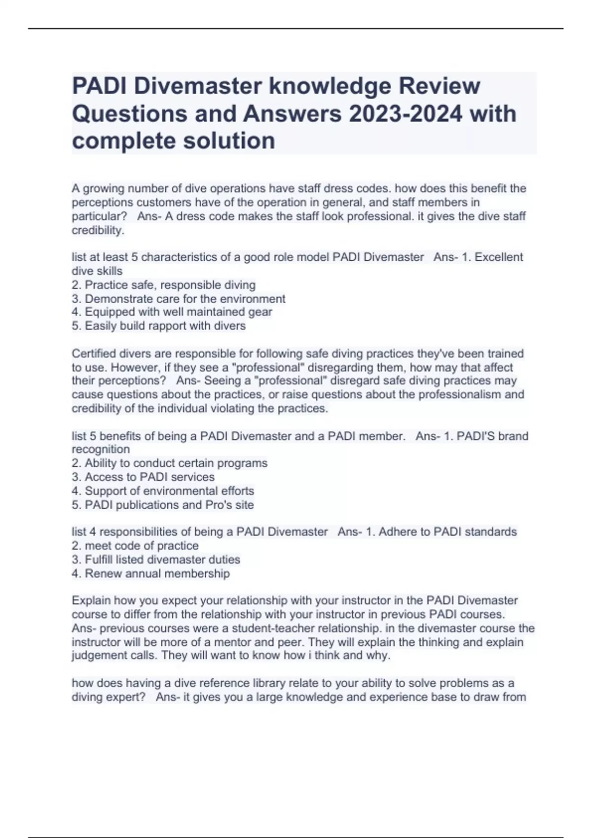 PADI Divemaster knowledge Review Questions and Answers with complete